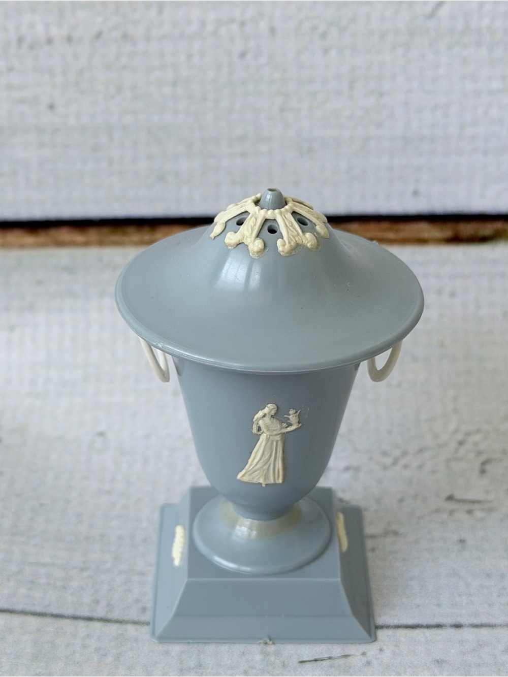 Pair of Gray Decorative Covered Urns with Cream Relief Accents - Picture 10 of 15